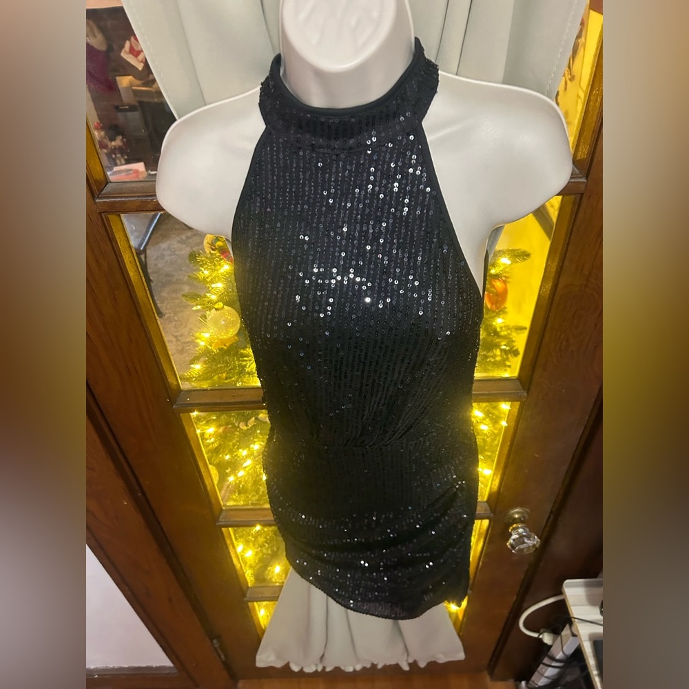 Black Sequin Halter Dress